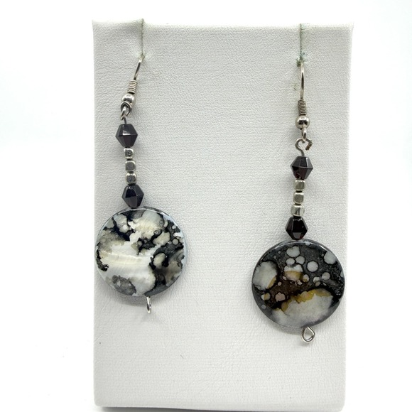 Jewelry - Black White Speckled Stone Dangle Earrings Gothic Boho Statement Jewelry